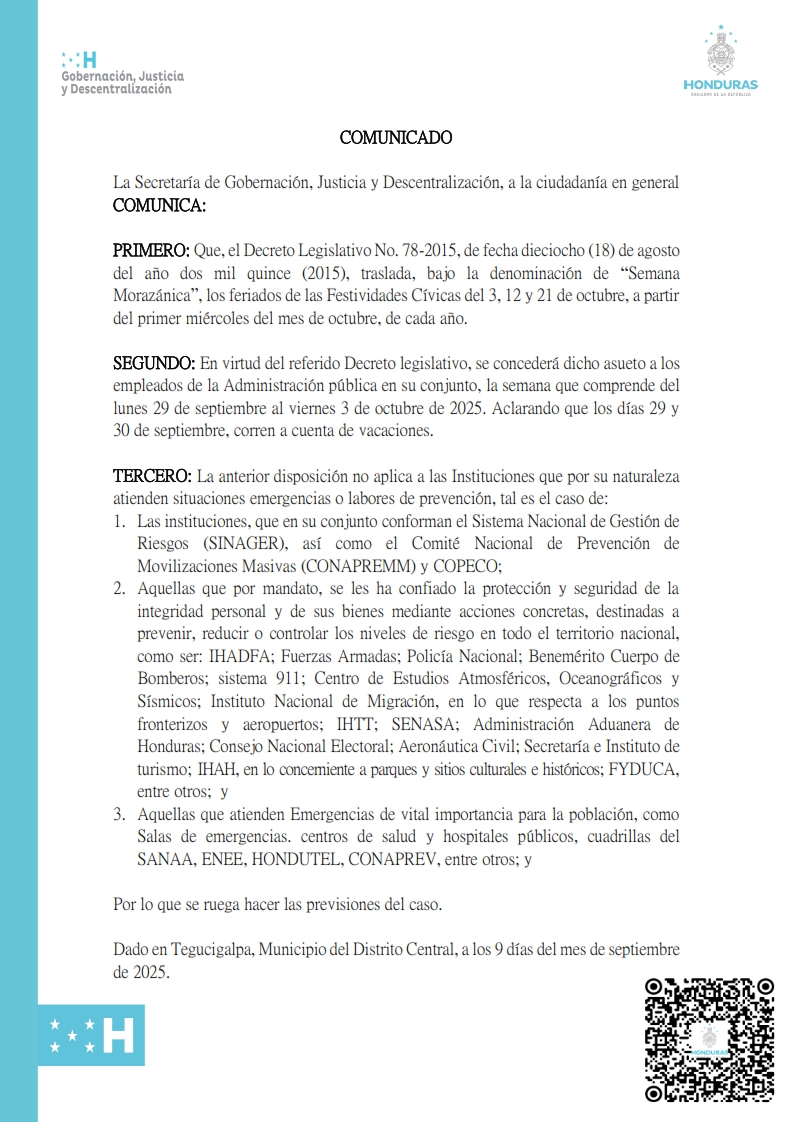 Comunicada Feriado Morazánico 2025 001