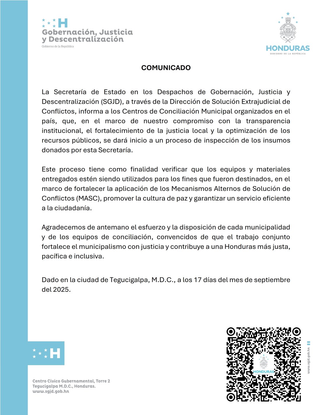 comunicado sobre auditoria a insumos donados a centros de conciliacion municipal 2025